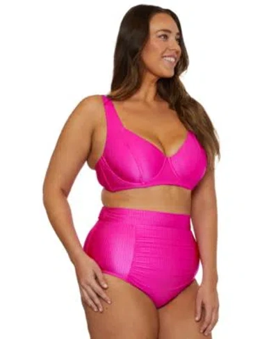 Becca Etc Plus Size Monte Carlo Rib Underwire Bikini Top Shirred High Waist Bikini Bottoms In Azalea