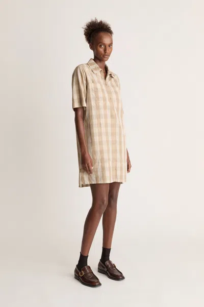 Lee Mathews Gingham Zip-front Shirt Mini Dress In Neutral