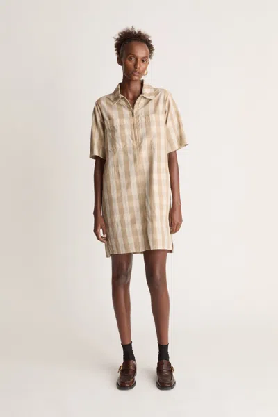 Lee Mathews Gingham Zip-front Shirt Mini Dress In Neutral