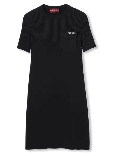 Gucci Stretch Nylon Blend Dress With Chest Pocket In Black