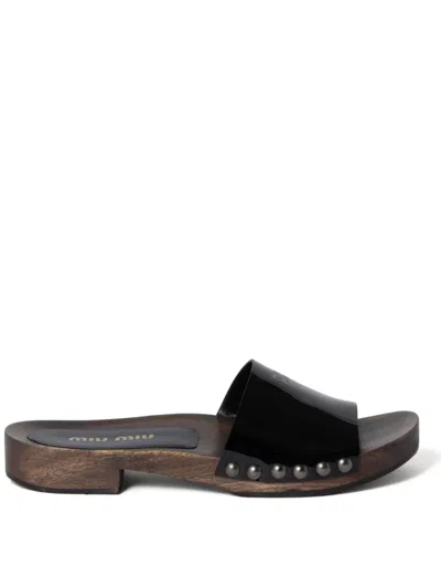 Miu Miu Open-toe Black Patent Sandals With Decorative Studs In Black