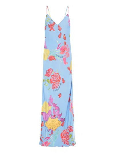 Donde Esteban Cielo Floral-print Satin Maxi Dress In Blue