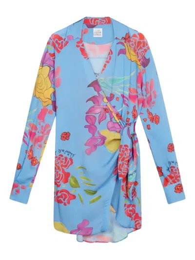 Donde Esteban Cielo Floral-print Crepe Mini Wrap Dress In Blue