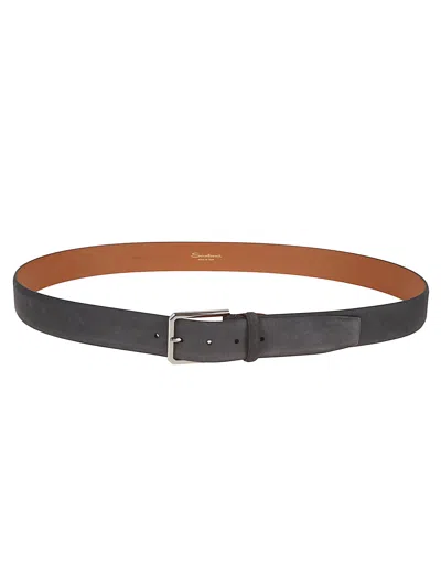 Santoni Adjustable Suede Belt With Square Metal Buckle In Grey