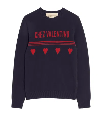 Valentino Wool Sweater Heart Motif In Blue