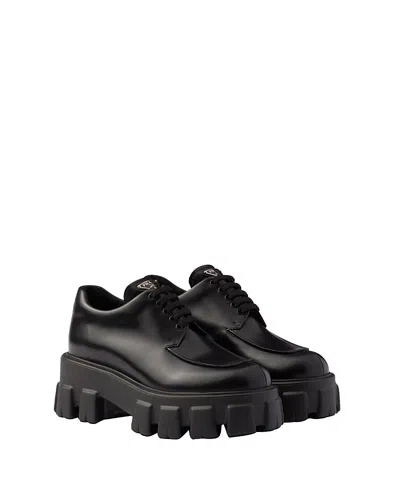 Prada Monolith Brushed Leather Platform Oxford In Black