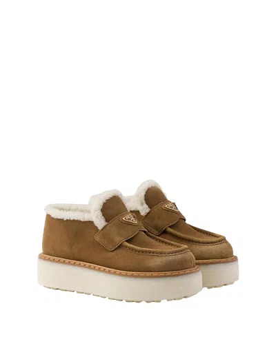 Prada Brown Logo Suede Loafers In Brown