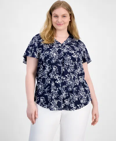 Ak Anne Klein Plus Size Floral-print Flutter-sleeve Top In Distant Mountain Mutli