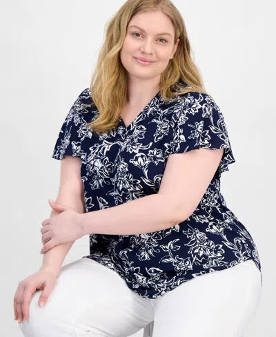 Ak Anne Klein Plus Size Floral-print Flutter-sleeve Top In Distant Mountain Mutli