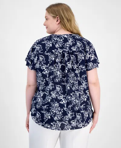 Ak Anne Klein Plus Size Floral-print Flutter-sleeve Top In Distant Mountain Mutli