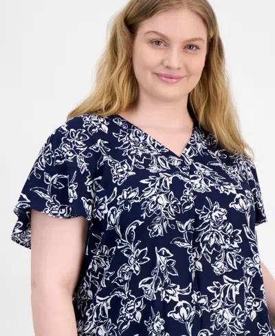 Ak Anne Klein Plus Size Floral-print Flutter-sleeve Top In Distant Mountain Mutli