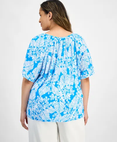 Ak Anne Klein Plus Size Botanical-print Top In Tropical Blue,bright Wite