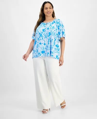 Ak Anne Klein Plus Size Botanical-print Top In Tropical Blue,bright Wite