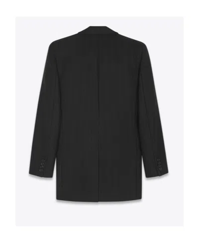 Saint Laurent Double-breasted Oversized Jacket In Striped Wool In Black