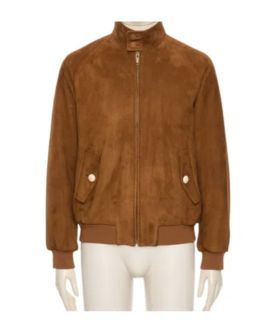 Valentino Ribbed Lambskin Suede Leather Jacket With Stand-up Collar In Brown
