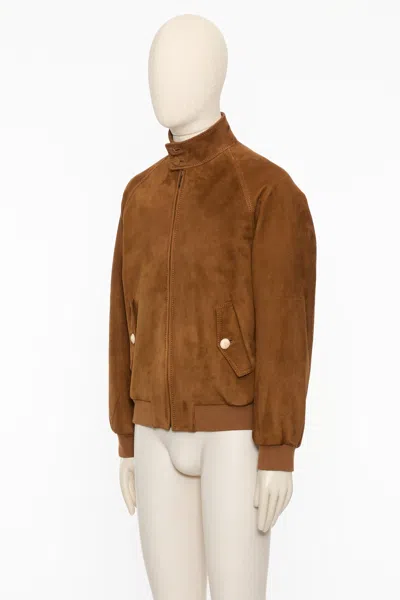 Valentino Ribbed Lambskin Suede Leather Jacket With Stand-up Collar In Brown