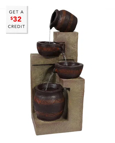 Sunnydaze Outdoor Solar Powered Cascading Terra Bowls Water Fountain With Battery Backup And Led Light - 30" In Brown