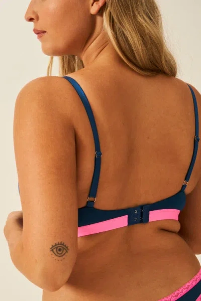 Stripe & Stare Padded Bra & Original Knicker Set In Midnight/neon Pink