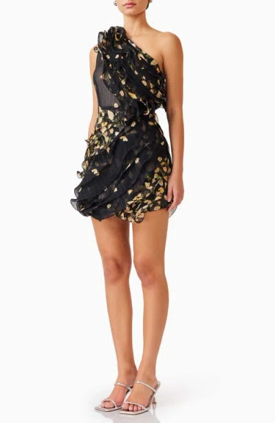 Elliatt Tulsia Metallic Ruffle One-shoulder Cocktail Minidress In Black Multi