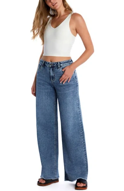 Hint Of Blu Happy Shaggy High Waist Raw Hem Wide Leg Jeans In Country Blue