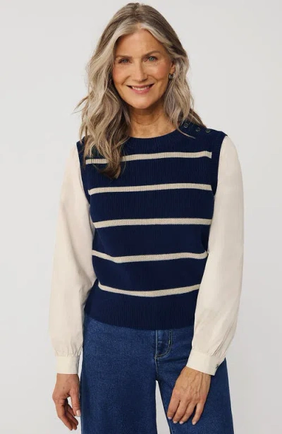Lands' End Drifter Shaker Button Shoulder Sweater Vest With Poplin Sleeves In Deep Sea Navy/champagne Stripe