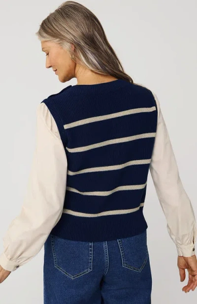 Lands' End Drifter Shaker Button Shoulder Sweater Vest With Poplin Sleeves In Deep Sea Navy/champagne Stripe