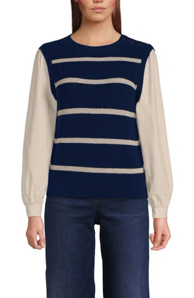 Lands' End Drifter Shaker Button Shoulder Sweater Vest With Poplin Sleeves In Deep Sea Navy/champagne Stripe