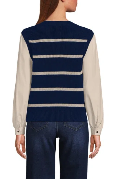 Lands' End Drifter Shaker Button Shoulder Sweater Vest With Poplin Sleeves In Deep Sea Navy/champagne Stripe