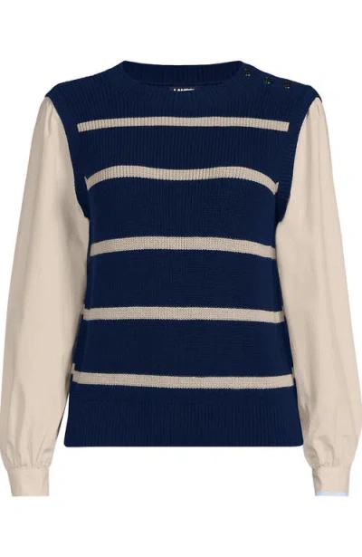 Lands' End Drifter Shaker Button Shoulder Sweater Vest With Poplin Sleeves In Deep Sea Navy/champagne Stripe