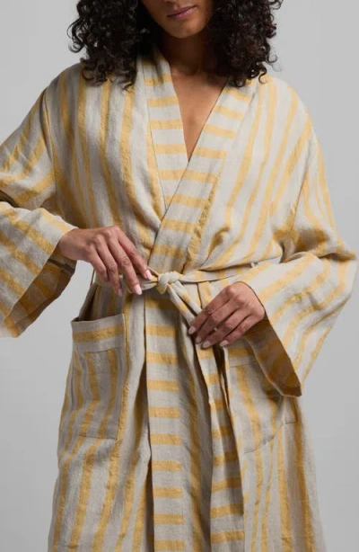Parachute Stripe Linen Robe In Natural With Yellow