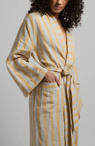 Parachute Stripe Linen Robe In Natural With Yellow