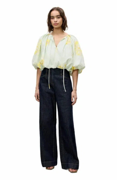 Rebecca Taylor Yara Poplin Bubble Top In Sage Combo In Multi