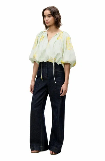 Rebecca Taylor Yara Poplin Bubble Top In Sage Combo In Multi