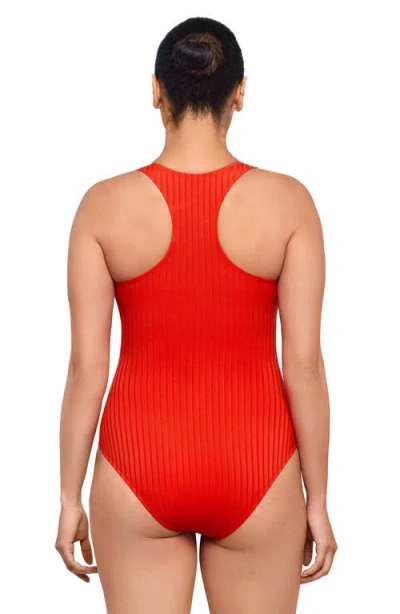 S3 Ribbed High Neck Snap Front One Piece Swimsuit In Scarlet