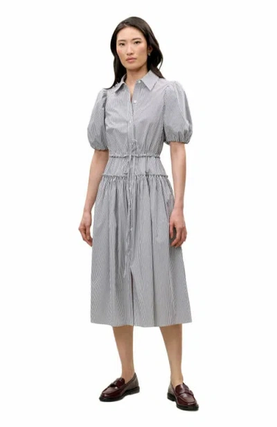 Rebecca Taylor Striped Poplin Puff Sleeve Shirt Dress In Blue In Gray