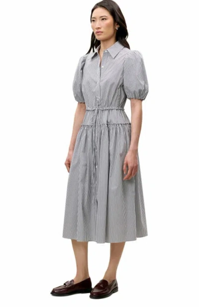 Rebecca Taylor Striped Poplin Puff Sleeve Shirt Dress In Blue In Gray