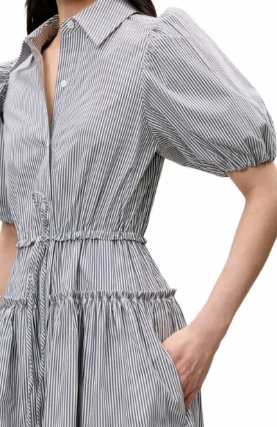 Rebecca Taylor Striped Poplin Puff Sleeve Shirt Dress In Blue In Gray
