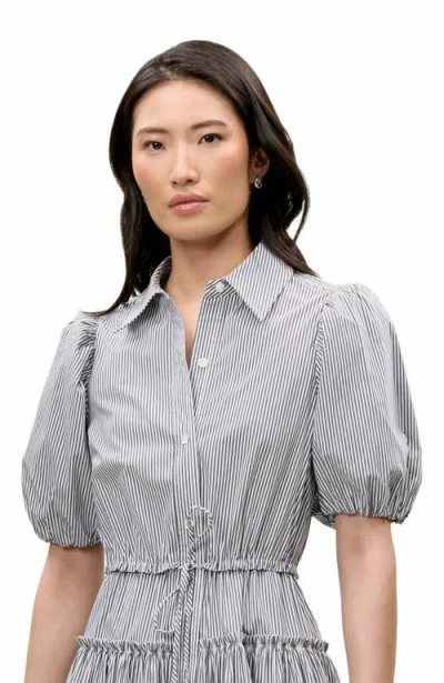 Rebecca Taylor Striped Poplin Puff Sleeve Shirt Dress In Blue In Gray