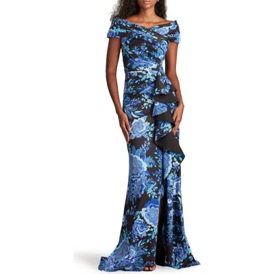 Tadashi Shoji Cii25478l Formal Long Floral Slit Ruffle Dress In Black/blue Floral