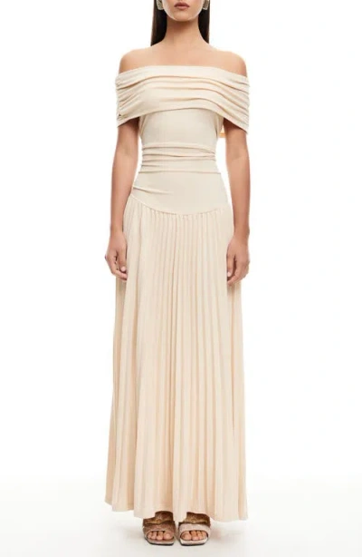 Lioness Field Of Dreams Off The Shoulder Pleated Maxi Dress In Oatmeal