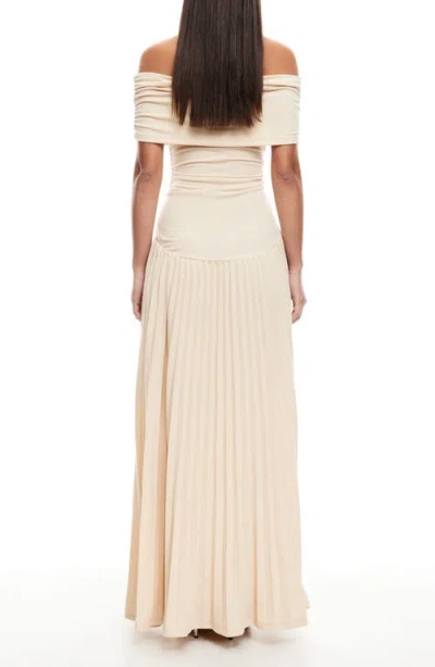 Lioness Field Of Dreams Off The Shoulder Pleated Maxi Dress In Oatmeal