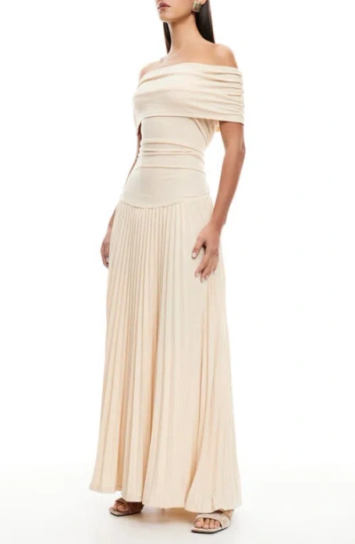 Lioness Field Of Dreams Off The Shoulder Pleated Maxi Dress In Oatmeal