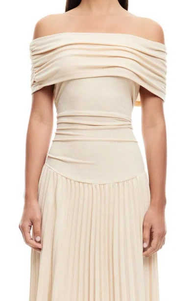 Lioness Field Of Dreams Off The Shoulder Pleated Maxi Dress In Oatmeal