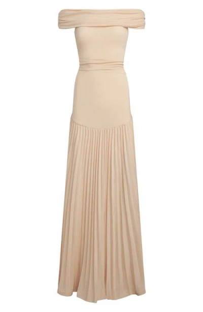 Lioness Field Of Dreams Off The Shoulder Pleated Maxi Dress In Oatmeal