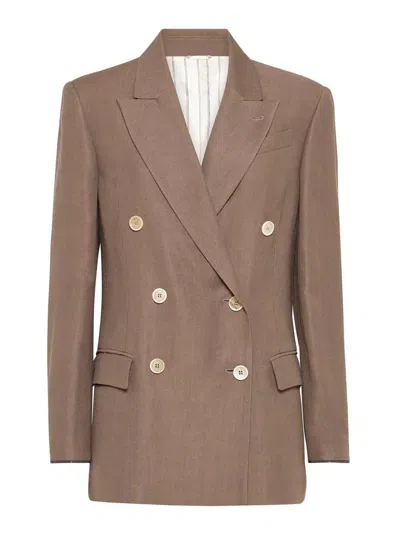 Brunello Cucinelli Fluid Viscose And Linen Twill Jacket With Shiny Cuffs In Brown