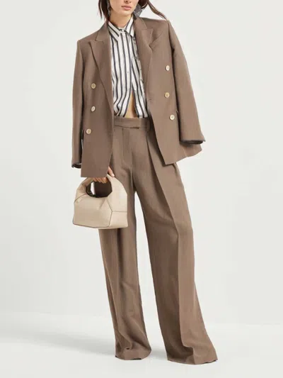 Brunello Cucinelli Fluid Viscose And Linen Twill Jacket With Shiny Cuffs In Brown