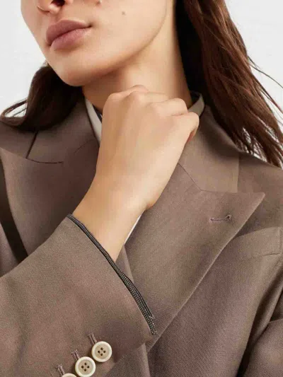 Brunello Cucinelli Fluid Viscose And Linen Twill Jacket With Shiny Cuffs In Brown