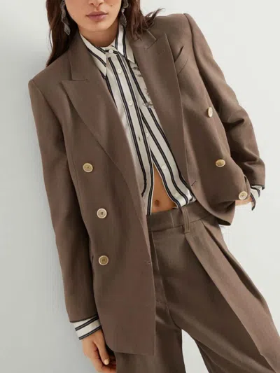 Brunello Cucinelli Fluid Viscose And Linen Twill Jacket With Shiny Cuffs In Brown