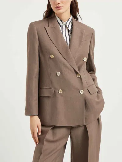 Brunello Cucinelli Fluid Viscose And Linen Twill Jacket With Shiny Cuffs In Brown