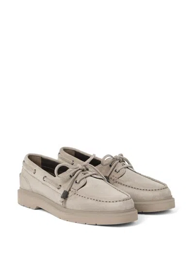 Brunello Cucinelli Suede Lace-up Boat Loafer With Rubber Sole In Neutral
